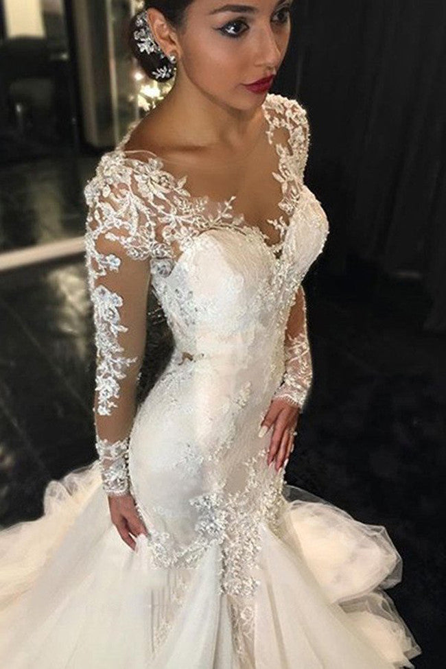 Long Sleeve Lace Sexy See Through Wedding Gowns,Elegant Bridal Dresses,SVD518