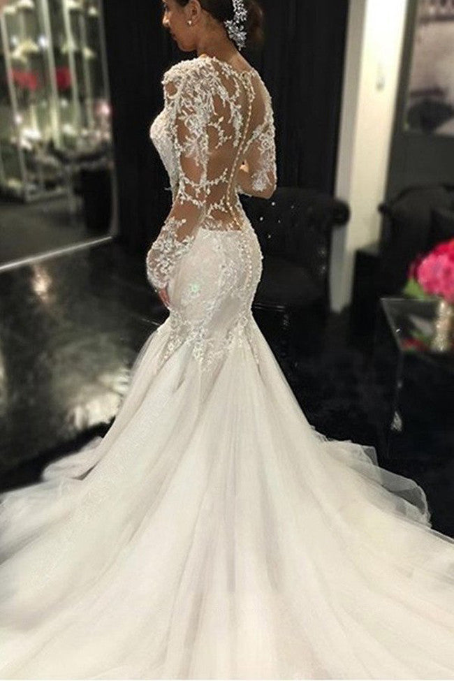 Long Lace Wedding Gowns,See Through Wedding Dress,Mermaid Bridal Dress –  Simidress
