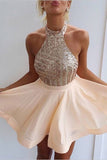 Elegant Open Back Halter Short Homecoming Dresses with Beading,SVD570