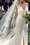 Mermaid Wedding Dress with Slit, Long Sleeve Lace See Through Wedding Dresses, SW173