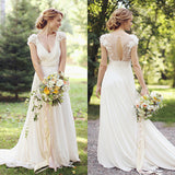 Deep V Neck Short Sleeve Wedding Dresses,Sheer Back Appliques Wedding Gown,SW67