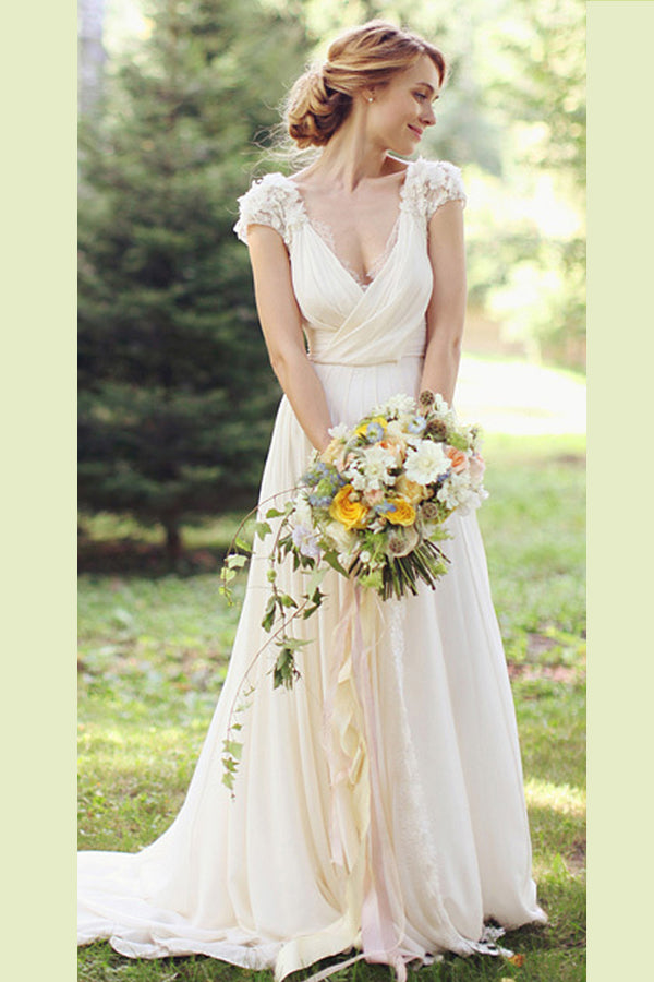 Deep V Neck Short Sleeve Wedding Dresses,Sheer Back Appliques Wedding Gown
