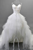 Stylish White High-low Sweetheart Tulle Spaghetti Wedding Dresses With Feather,SVD547