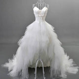 Stylish White High-low Sweetheart Tulle Spaghetti Wedding Dresses With Feather,SVD547