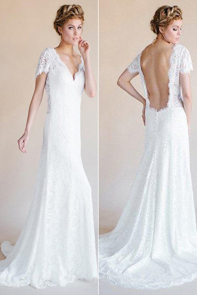 White Lace V-neck Long Sheath Cap Sleeve Backless Wedding Party Dress –  Simidress