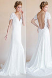 White Lace V-neck Long Sheath Cap Sleeve Sexy Open Back Wedding Party Dresses,SVD548