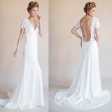 White Lace V-neck Long Sheath Cap Sleeve Sexy Open Back Wedding Party Dresses,SVD548