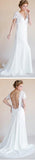 White Lace V-neck Long Sheath Cap Sleeve Sexy Open Back Wedding Party Dresses,SVD548