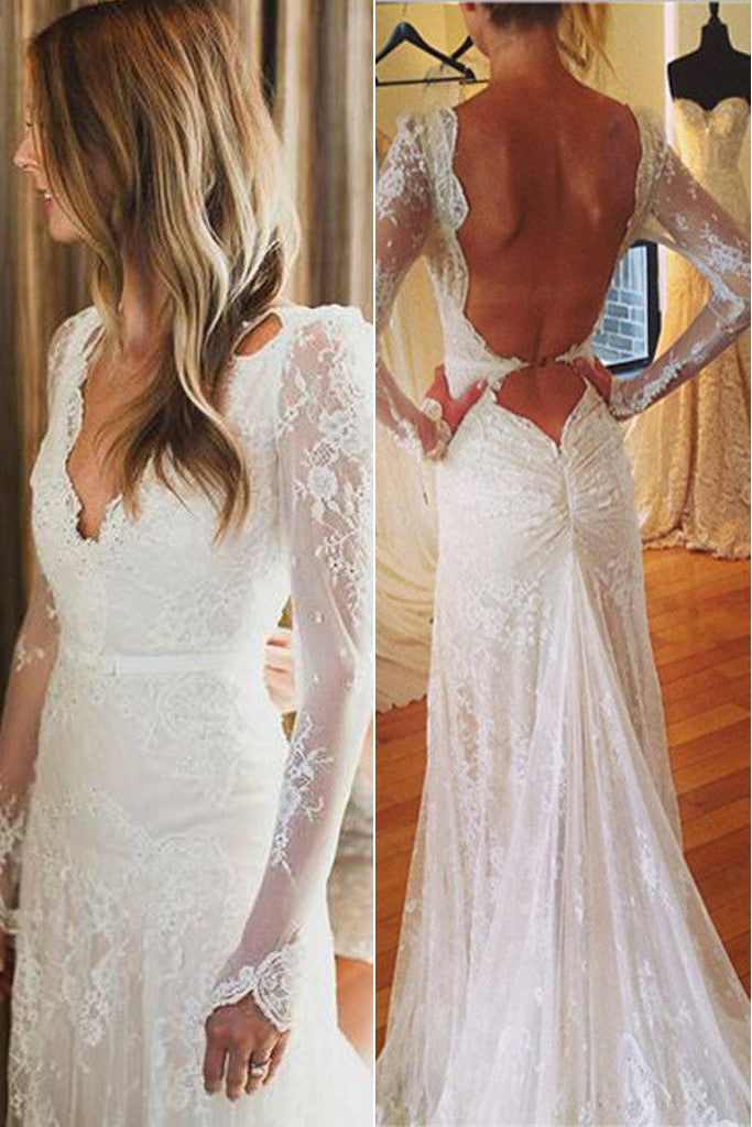 Lace  White Tulle Wedding Party Gowns,Sexy Open Back V-neck Mermaid Long Sleeve Wedding Dress,SVD550
