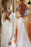 Lace  White Tulle Wedding Party Gowns,Sexy Open Back V-neck Mermaid Long Sleeve Wedding Dress,SVD550
