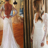 Lace  White Tulle Wedding Party Gowns,Sexy Open Back V-neck Mermaid Long Sleeve Wedding Dress,SVD550