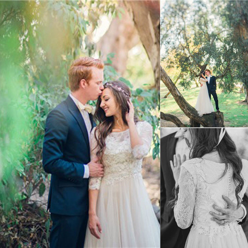 A-line Lace Tulle Wedding Dresses,Scoop Neck 3/4 Sleeve Long Wedding Gowns,SVD651