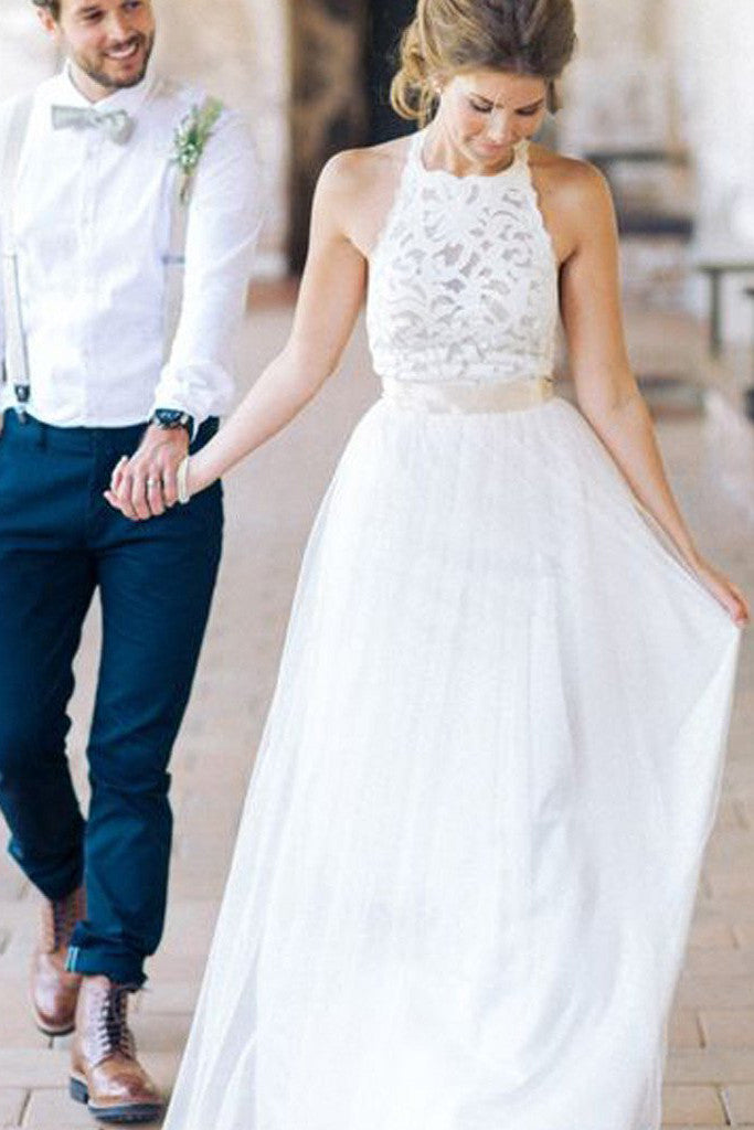 White Lace Long Sheath High Neck Simple Design Wedding Party Dresses –  Simidress