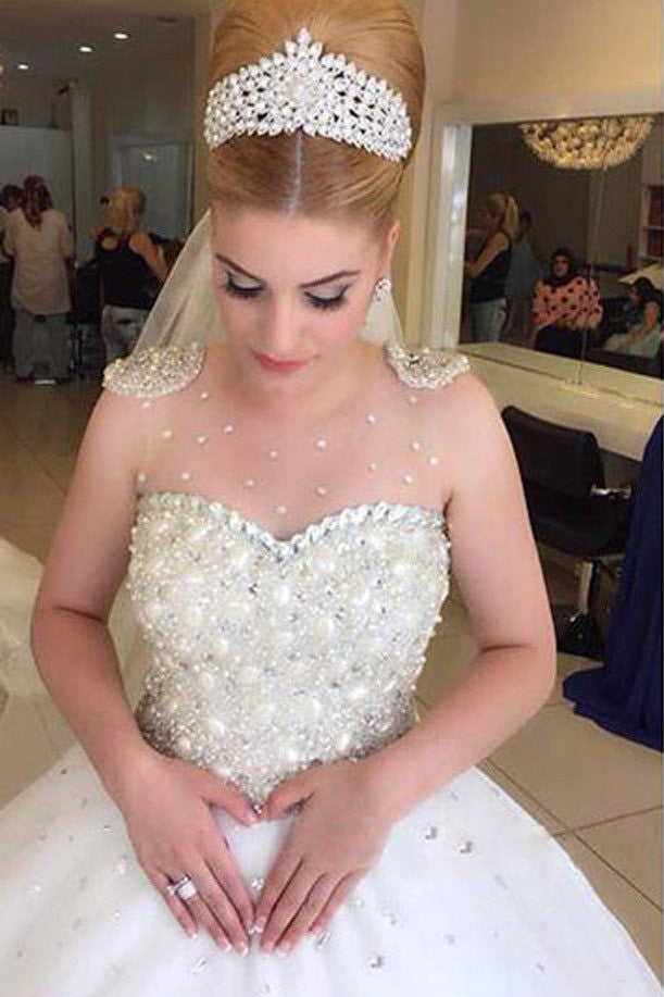 Popular Cheap Tulle Wedding Party Dresses with Luxury Rhinestone Illusion Beading,SVD534