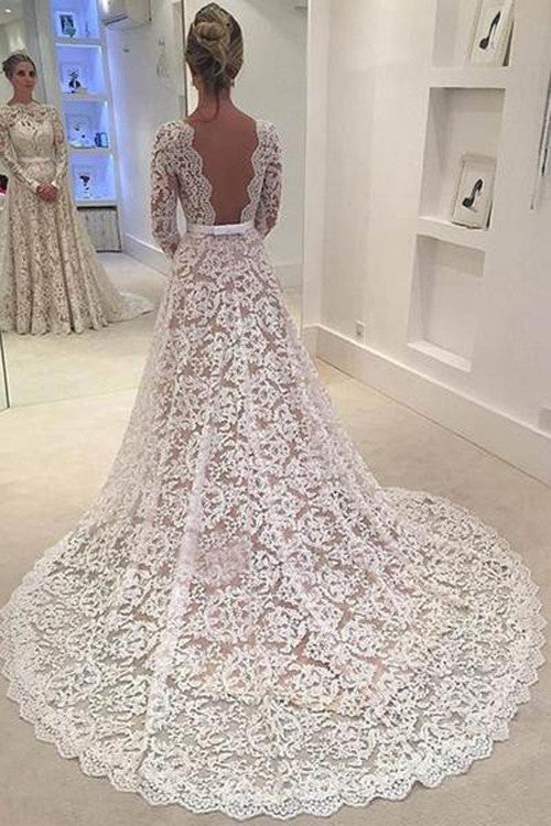 Long Wedding Gowns,Cheap Bridal Dresses,Backless  A line Long Sleeve Wedding Dresses,SVD536