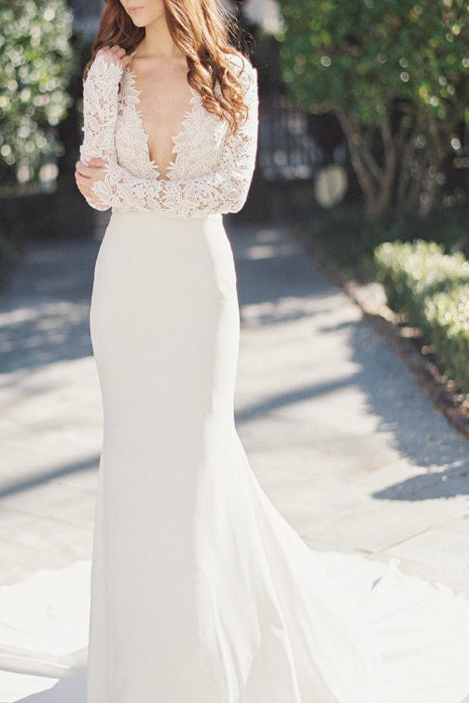 Mermaid Wedding Party Dresses,Sexy Deep V-Neck Long Sleeve Lace Wedding Party Dress,SVD538