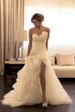 Organza Long Wedding Gowns,Side Split A line Strapless Wedding Dresses,Cheap Bridal Dresses,SVD544