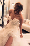 Organza Long Wedding Gowns,Side Split A line Strapless Wedding Dresses,Cheap Bridal Dresses,SVD544