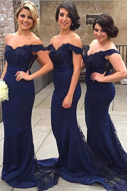 Mermaid Off Shoulder Lace Navy Blue Bridesmaid Dress,prom dress – Simidress