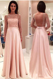 Glamorous Long Sleeve Lace Prom Dress,A-line Stain Backless Prom Dresses Evening Dresses,SD364